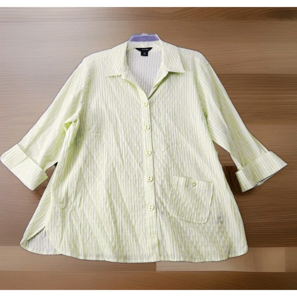NWT Ali Miles Shirt Top Women 3X Button Festival Artsy Wear Crinkled Green White